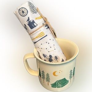 “Happy Camper” gift bundle: campsite stoneware mug/“lodge” cotton dishtowel-NWT